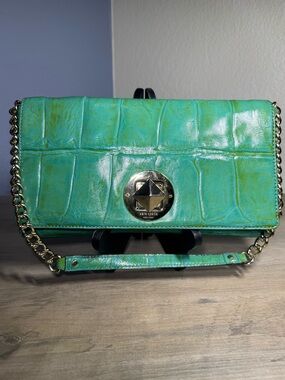 Kate Spade Aqua Croc Embossed Leather Chain Clutch Crossbody Bag